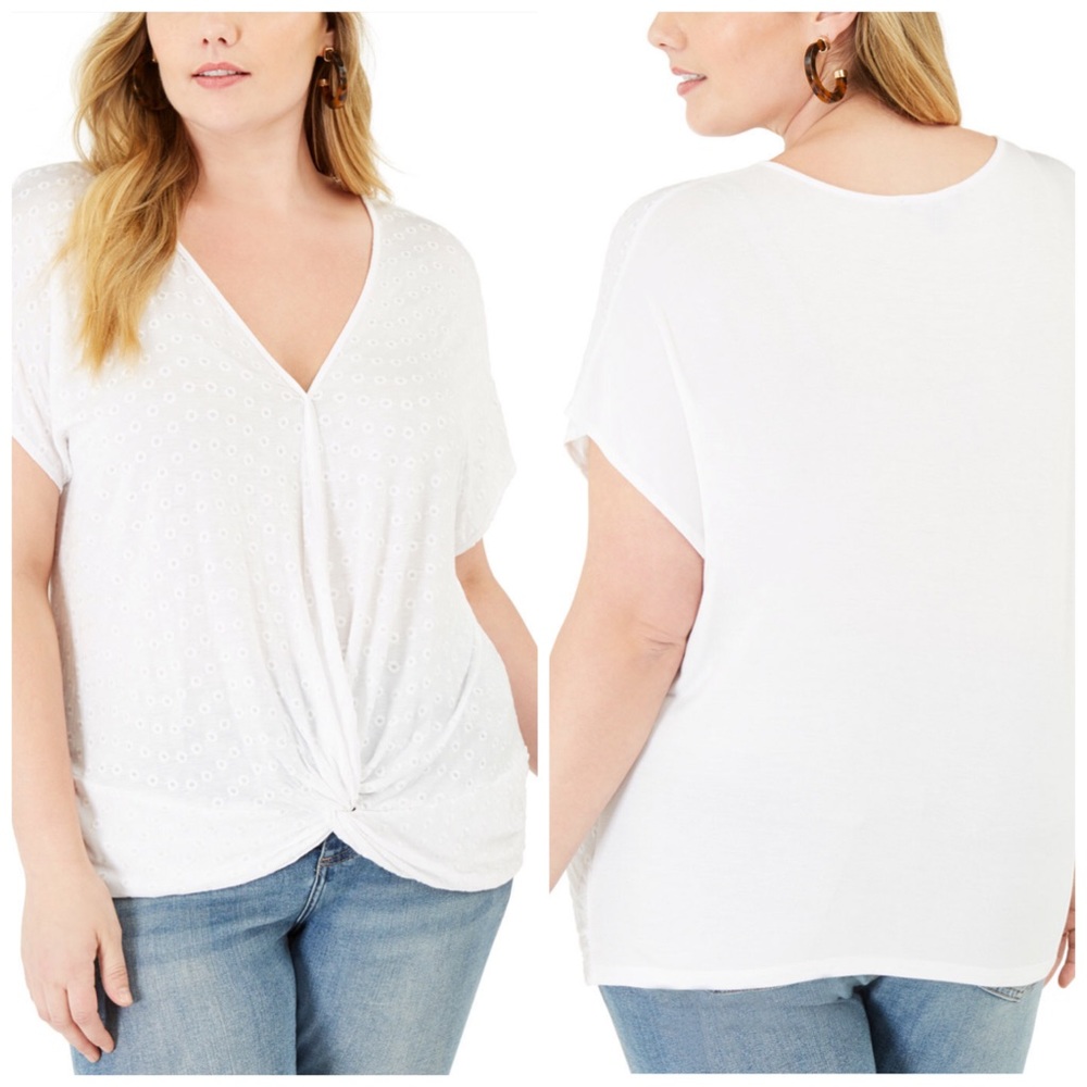 2X 3X INC White Eyelet Twist Front Top Plus Size